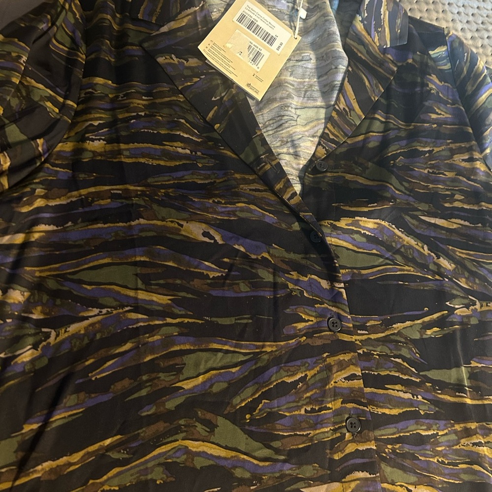 Satin camp camo Camouflage Button-Up Shirt - Black, Green, Purple